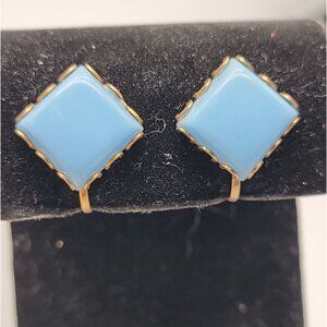 Delsa Star Blue Lucite Screw Back Earrings Diamond Shaped Gold Tone Vintage